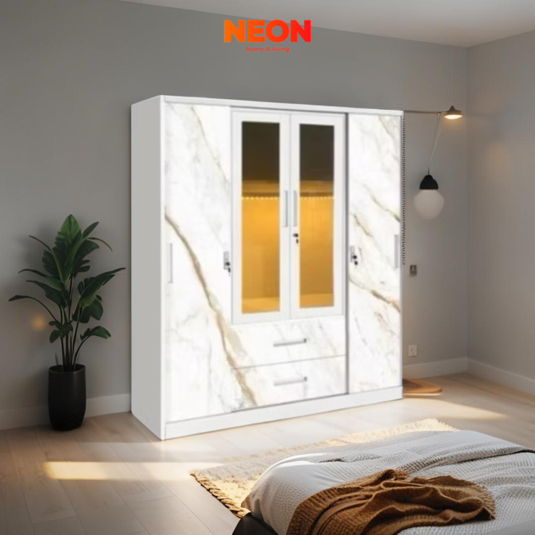 Lemari Pakaian Besi Sliding Domi 4 Pintu Dengan Lampu