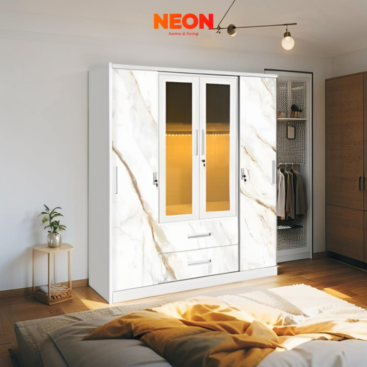 Lemari Pakaian Besi Sakura | Lemari Baju 4 Pintu LED Minimalis