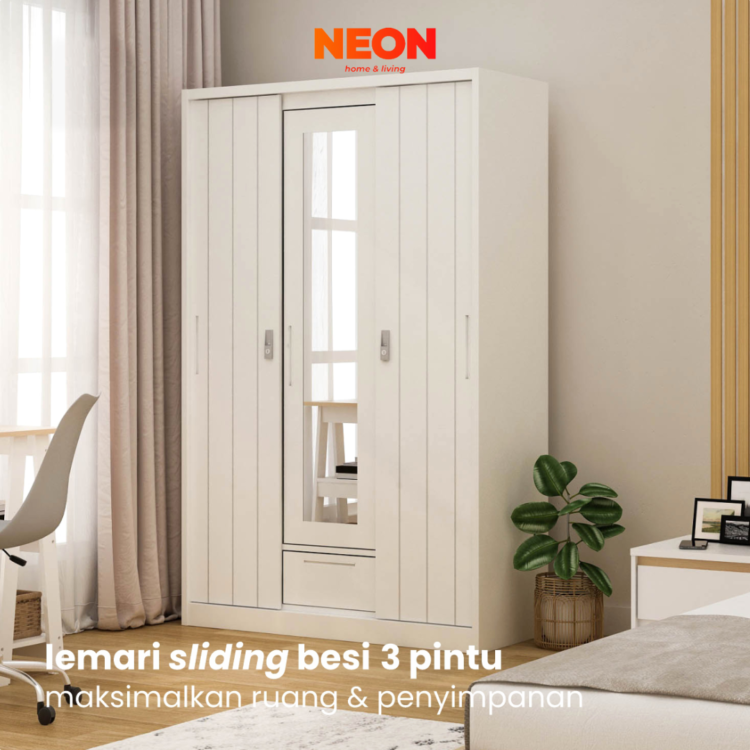 Lemari Pakaian Besi Saxon Sliding 3 Pintu Minimalis